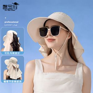 8459 Spring/summer Korean Fashion Hat Women's Outdoor Big Eaves Sun Protection and Sunshade Hat Shawl with Horsetail Hole Fisherman Hat