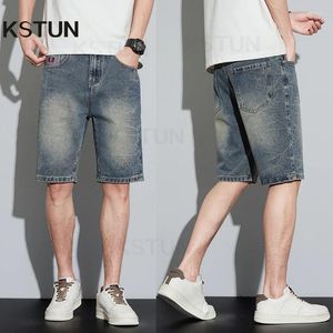 Herr jeans män denim shorts 2024 sommar modefickor retro blå rak smal vintage knä längd byxor