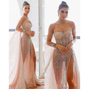 High Arabic Split Sequin Side Prom Dresses Sexig Se genom Illusion Formal Party Evening Gowns With Wrap Robes de Soiree