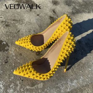 Stivali veowalk donne brevetti giallo puntato tacchi alti alti 12 cm 10 cm 8 cm Ladies sexy slip su pompe a spillo con picchi più taglia 10 11