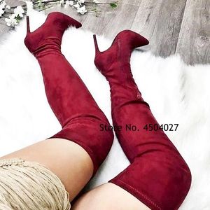 Botas de vinho vermelho/cinza/preto sobre as mulheres joelhos magros altos saltos pontiagudos da coxa de sapatos de outono com abóbada