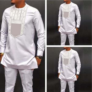 calça de camisa de 2 peças bordadas brancas terno de mangas compridas vestido de estilo étnico elegante e étnico abaya mass roupas 240412