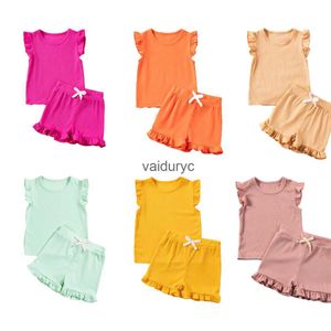 Наборы одежды 10 цветов Девушка с твердым цветом набор одежды летняя рукава с коротким рукавом + шорты с двумя частями детской повседневной одежды 0-5y H240429