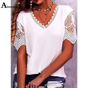 AIMSNUG LADIES ELEGANT FASHICE SPLICED LACE T-SHIRT WOMENS KORT SLEEVE TOP SOMMER CASUAL V-NECK TEES KLÄNNING SIZE S-5XL 240415