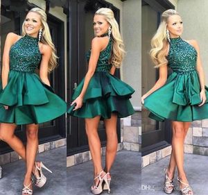 Custom Made Emerald Green Short Prom Dresses High Neck Beaded Satin Mini Homecoming Dresses Charming Cocktail Party Dress82336917946273