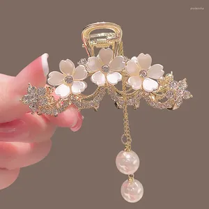 Elegant Diamond-encrusted Pearl Jasmine Flower Tassel Claw Clip Metal Hair Female On The Back Of Head