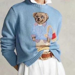 Kvinnors tröjor RL Cartoon Bear broderi mode långärmad stickad pullover ull bomull mjuk unisex stickad11