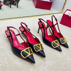 Luxury Women Summer Sandals Brand Designer High Heels Metal Buckle Shoes Women Slingback Pumps Sexy Pointed Toe Stiletto Evening Shoes 35-44