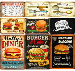 Vintage Mutfak Kuralları Plak Burger Fries Metal Tin Sign Cafe Ev Oda Dekor Fast Food Metal Plaka Yemek Duvar Poster N3766315422