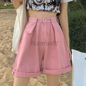 Kvinnors shorts tunna rosa denim shorts kvinnor 2023 sommarkoreanska lösa höga midja breda ben shorts kvinnliga streetwear knä heta byxor streetwear d240426