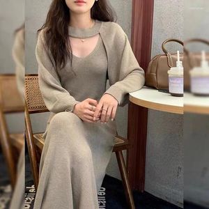 Work Dresses Vintage Elegant Knitted Dress Sets Women High End Long Sleeve Shawl Sling Two Piece Set Autumn Winter Suits