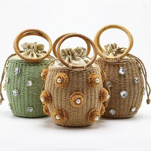 Drawstring 2024 Handmade Rhinestone Crystal Embellished Straw Bag Bucket Bags Lady Travel Purses Handbags Sac En Paille Femme