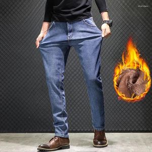 メンズジーンズ2024冬の男性温かい灰色の高品質の弾力性スキニーとベルベットのパンツズボンズボンの男性ブランド服