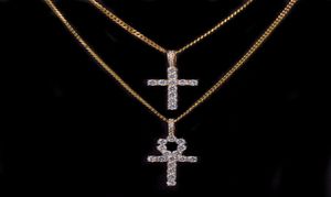 Iced Zircon Ankh Cross Halsband smycken Set Gold Silver Copper Material Bling CZ Key to Life Egypt Pendants Necklace6274654