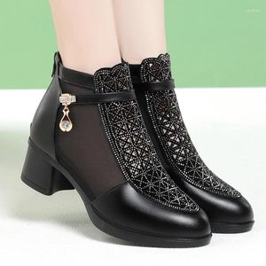 Dress Shoes 2024 Spring Summer Middle Heel Fashion Comfort Rhinestones Soft Leather Sandals Thick Heels Mesh Boots Hollow Women's