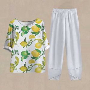 Pantaloni da donna a due pezzi nuovi motivi vintage stampa limone 2pcs outfit donne eleganti o pullover top a collo adatti a due pezzi set di tute a molla oversize Y240426