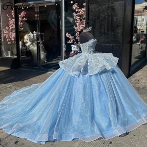 Vestido de mangueira de ilusão azul clara Quinceanera vestido de baile vestido de cristal de babados coreso vestidos de 15 anos