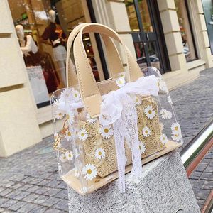 Axelväskor sommarstrån dam tote 2024 transparent tryckning pvc crossbody för kvinnliga kedjemärke handväskor och plånböcker