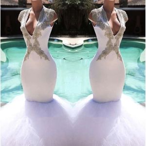 Tulle Mermaid White V Neck Long Beaded Stone Top Sweep Train Evening Party Dresses Prom Gowns BC