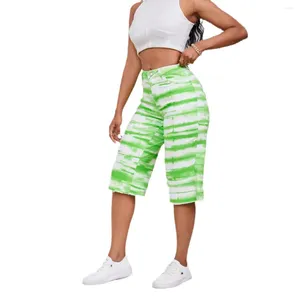 Kvinnors jeans 2024 Summer Mid-Längd Tie Dye Fashion High Stretch Loose Denim Straight Pants Street Girl Clothing S-2XL