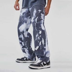 Masculino novo designer outono casual calça jeans solta tie corante impressão céu azul calça longa calça jeans reta masculino de luta de streetwear de hiphop 2 s