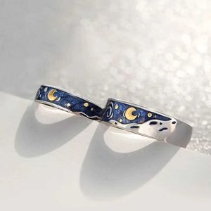 Band Rings Creative Van Gogh Starry Sky Open Lover Fashion Ring Personalized Romantic Mens Couple Jewelry Gift Wholesale Q240429