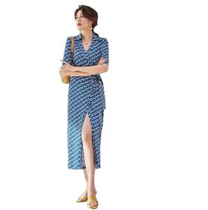Vestidos personalizados vestido feminino de verão estilo francês de alto temperamento elástico saia estampada de malha longa tamanho personalizado