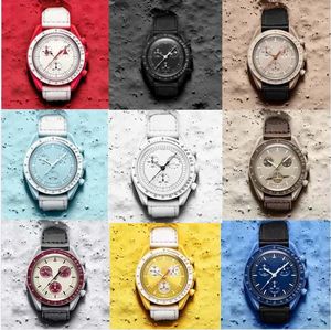 Bioceramic Moonswatch Strap Planet Moon Watch Full Function Quarz Chronograph Movements Watches Waterproof Luminous Leather Strap Wristwatches with Box Qiu