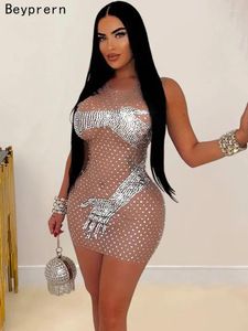 Casual Dresses Beyprern Beautiful Touch Crystal Dress (Nude/Silver) Female Vestido Glam See-Through Sheer Mesh Sequins Luxury Woman Party