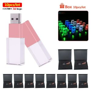 Unidades 10pcs ouro rosa USB Flash Drive 4G 16G Pendrive 32 GB 64 GB 128 GB de caneta U disco USB Drive Crystal Memory Stick 4 Colors Lights