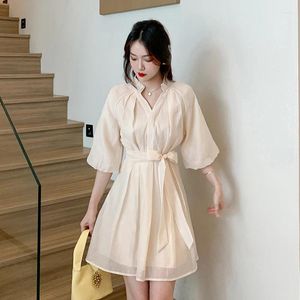 Casual Dresses Dress Women 2024 French Style Three Quarter Sleeve FlounCed Belt Solid Chiffon Shirring dragkedja