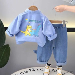 Set di abbigliamento set di abbigliamento primaverile set di abbigliamento per bambini a manica lunga cartone animato camicia da camicia dinosauro + pantaloni in denim jeans peildrens abiti casual