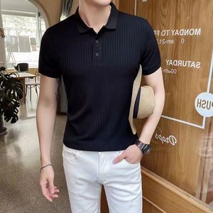 Summer Mens Short Sleeved Tshirt Fashion All Match Ice Silk Breattable Half Top Casual Stripe Lapel Golf Polo Shirt 240417