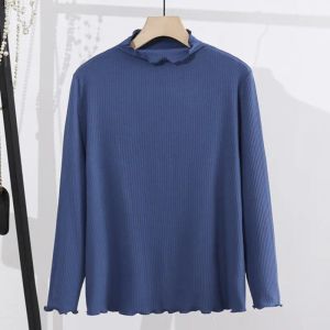 Tops 4XL Plus Size Basic Tops Women Autumn Winter Ruffled Edge Mock Neck Slim TShirts Fashion Simple Solid Color Long Sleeve Tees