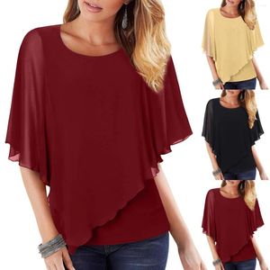 Women's T Shirts O Neck Loose Chiffon Shirt Women Solid Short Sleeve Vest Flowing Shawl Double Layer Tunic Top Summer Oversized And Blouse