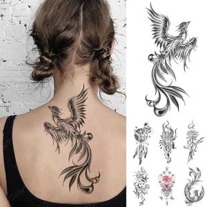 Tatuaż transfer Wodoodporna TETATOO TATTOO ZAPITACJA FIN PHOENIX Smok Animal Black Geometryczne Festiwal Body Art Arm Fake Tattoos Mężczyźni Kobiety 240427