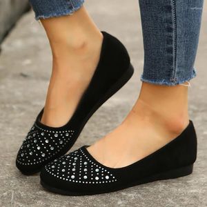 Casual Shoes Women's Shine Rhinestone Flats Okrągły ślad na brzegu dla kobiet Black Ladies Boat Zapatos Mujer