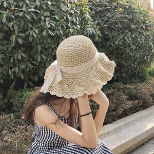 Wide Brim Hats Bucket Hats Summer Womens Beach Folding Hollow Lace Decoration Str Hat Girl Outdoor Travel Wide Brim Casual Hat Bucket Hat J240425