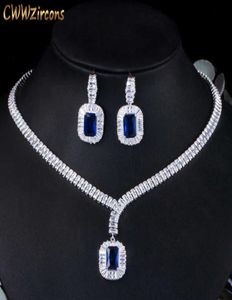 Bling Square Drop Dark Blue Cubic Zircon Necklace and Earring Party Smycken Uppsättning för bröllopsbrudar T507 2107145714129