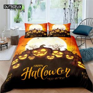 Set Halloween Bedding Set Cartoon Pumpkin Däcke Cover Set Microfiber Deer Geometric Print Comporter Cover med Pillowcase Room Decor