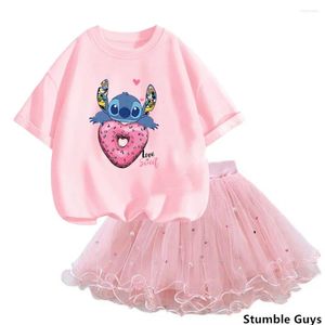 Zestawy odzieży letnie ubrania dla dzieci urocze ścieg tutu tutu mesh spódnica dwuczęściowa ładna koreańska małe dziewczynki ustawione modne stroje