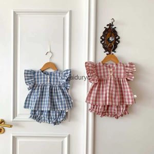 Kleidung Sets Baby Girls Sommer Kleidung Rüschen Tee und Bloomer 2PCS Girls Outfit Plaid Tee Anzug H240426