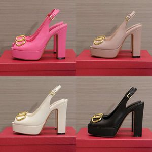 Platform Genuine Leather Peep Toes Pumps Sandals High-heeled Ankle Strap Chunky Heels Slingbacks 130mm Women Designers Evening Party Shoes Original Quality