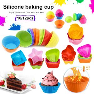 Moldes 10/12pcs coloriram bolo de silicone molde redondo bolo de silicone para cozimento de molde, cupcake de pudim de molde de alta temperatura resistente e macio