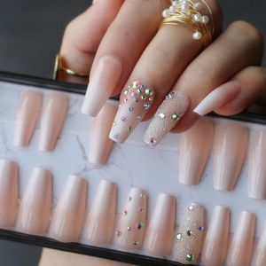 Handgjorda ombre gel naken kista återanvändbar tryck på naglar box rosa akryl naglar uv bling 3d crystal ballet fasle naglar 240425