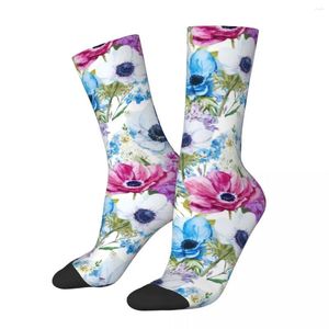 Women Socks Watercolor Flower Winter Midnight Blue Purple Floral Stockings Harajuku Ladies Breathable Climbing Non-Slip