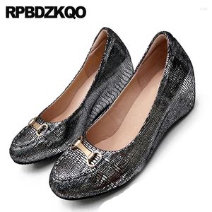 Dress Shoes Small Size Wedges Metallic Women Metal Sheepskin Hidden Height Increasing Nubuck 33 Moccasins High Heels Slip On Pumps