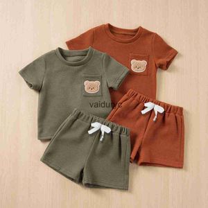 Clothing Sets Baby Boy Summer Short Sleeve Suit Waffle Short Sleeve Shorts Two Piece Bear Pocket Casual Set 0-4Y Boy Clothes H240509