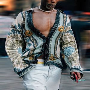 -2020 Spring Digital Printed Shirt Fashion Mens Bohemian Shirts Homme Designer V Neck Tops238y