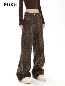 Kadınlar kot pantolon vintage yüksek bel düz retro gündelik pantolon bavy y2k geniş bacak grunge leopar baskı denim pantolon